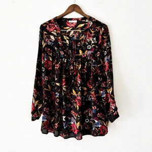 DR2 Patterned Boho Tassle Tie Neck Split Neck Roll Tab Blouse 2X Floral Plus